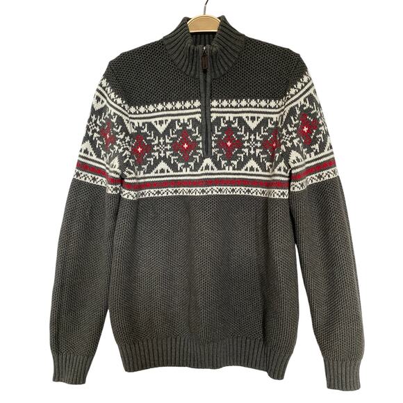 IZOD Fair Isle Sweater Men Size M Gray 1/4 Zip Cotton Blend Aspen Preppy Cottage - Picture 1 of 8